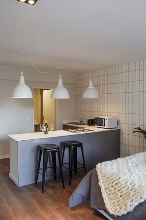 Studio | Private kitchen | Full-sized fridge, microwave, stovetop, coffee/tea maker