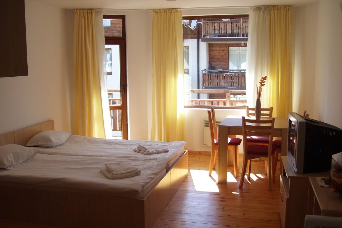 Basic Studio, 1 Bedroom, Non Smoking, Mountain View | Living area | TV, fireplace