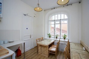 Fridge, microwave, espresso maker, toaster