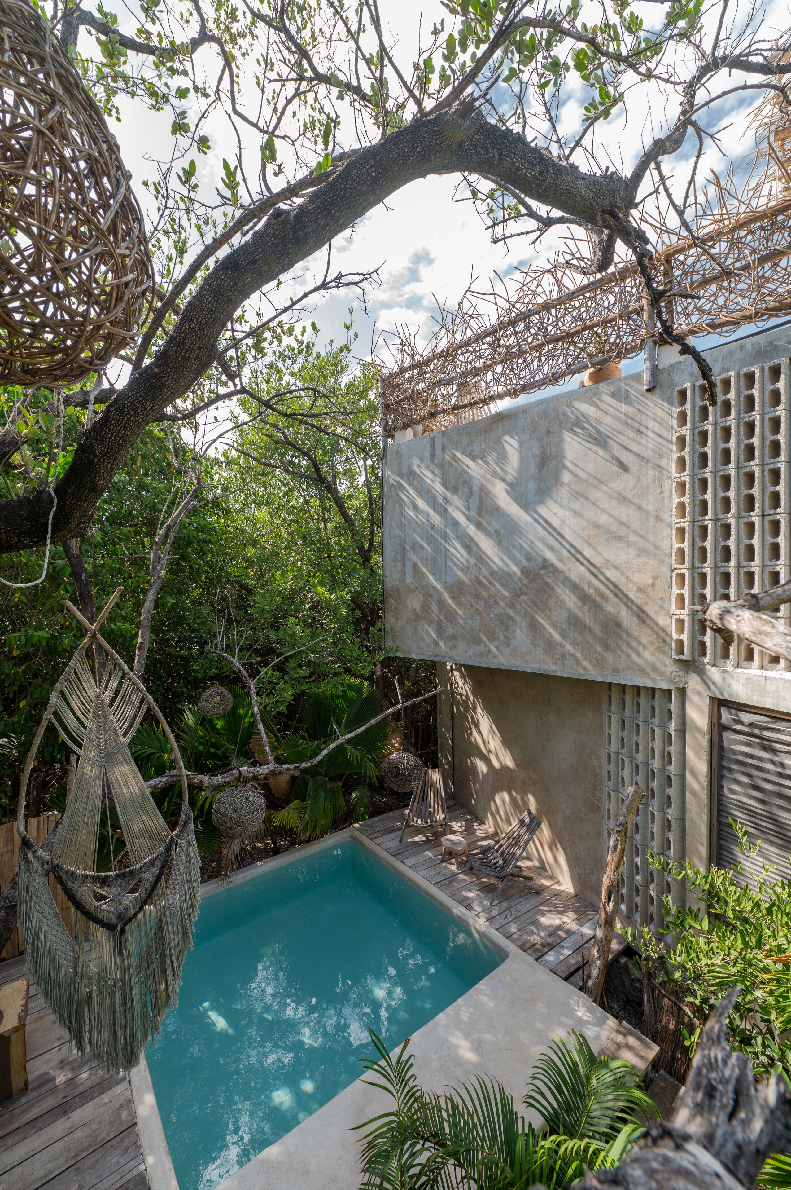 Un área de piscina con una hamaca, muelle de madera y exuberante vegetación.