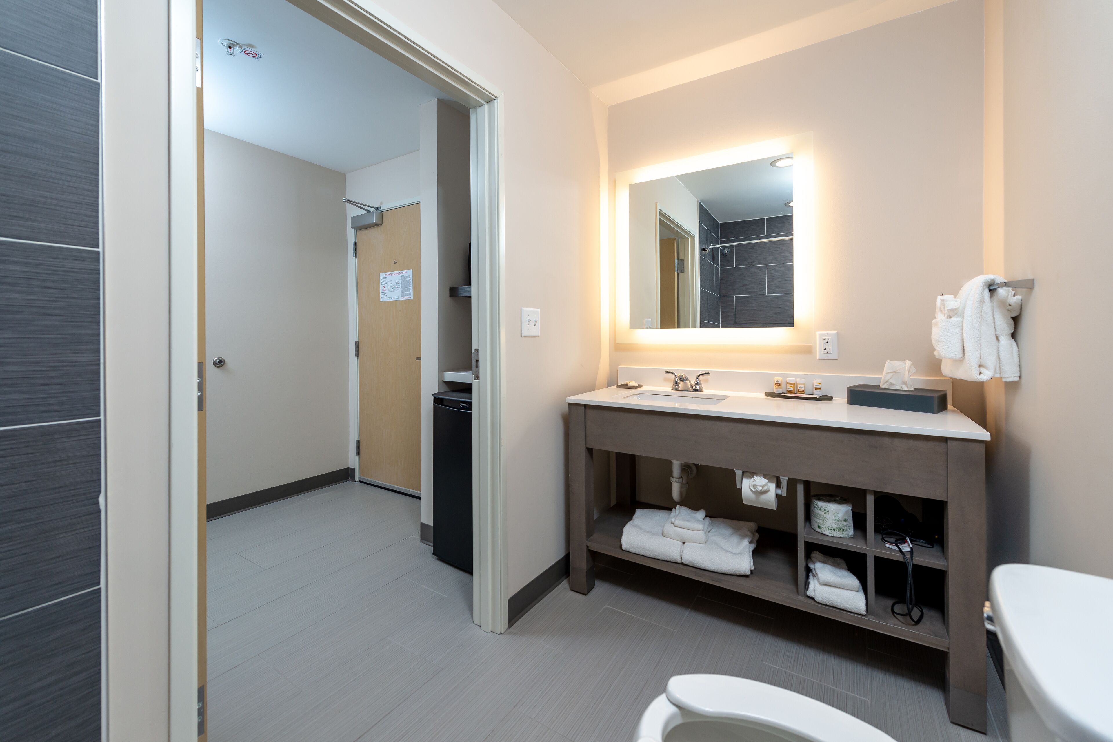 combined shower/bathtub, free toiletries, hair dryer, towels