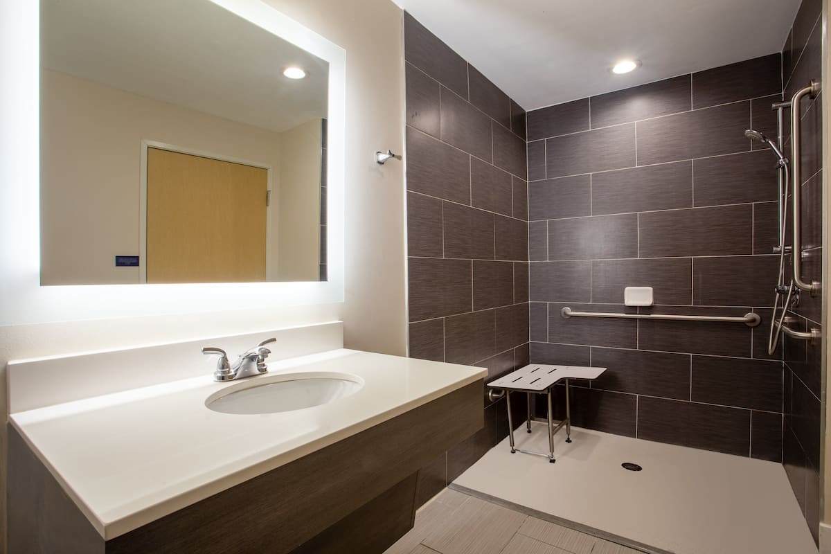 combined shower/bathtub, free toiletries, hair dryer, towels