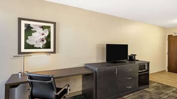 Una habitación de hotel con un escritorio, una silla, un televisor y un cuadro con flores en la pared.