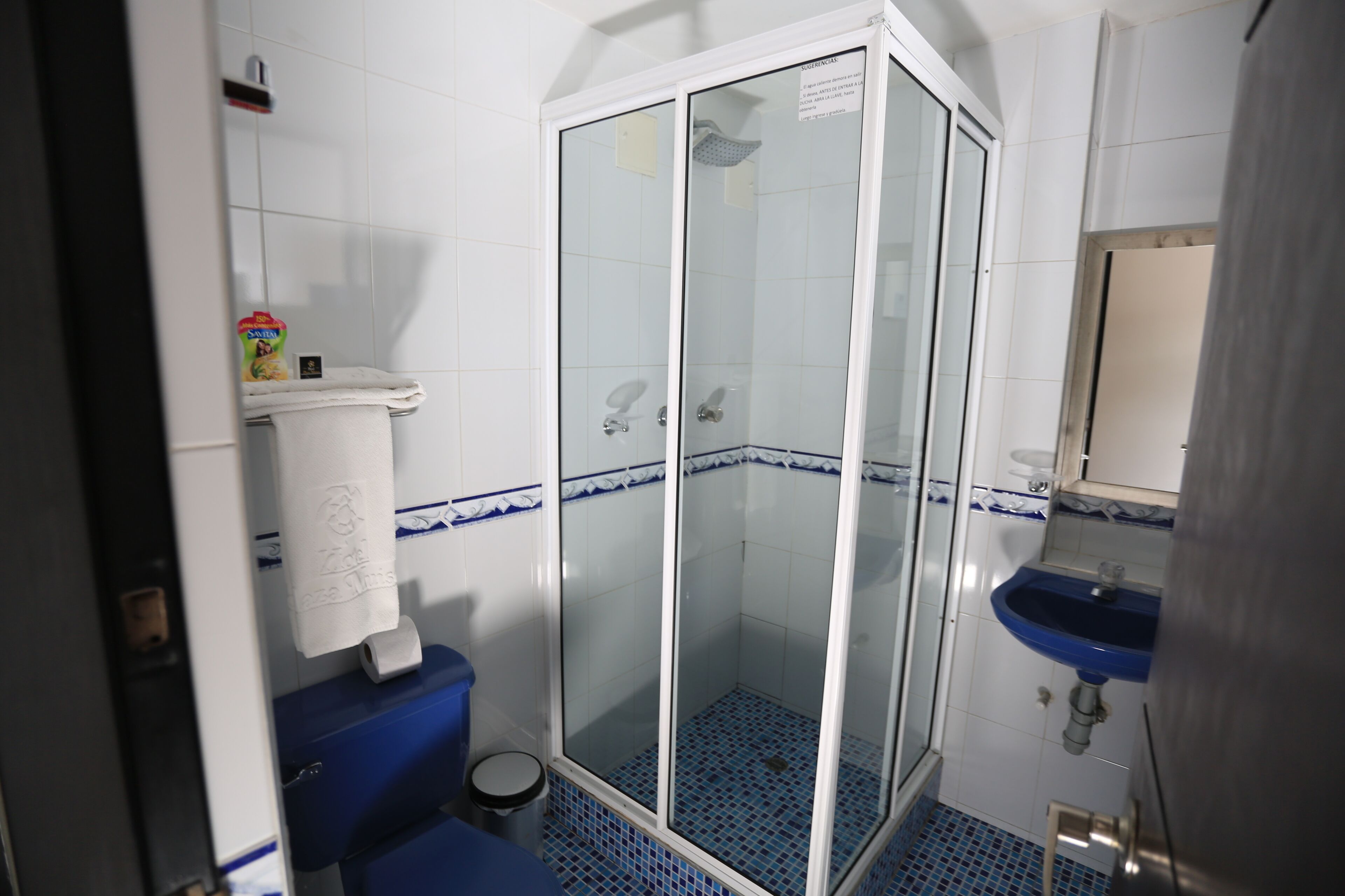 A bathroom with a glass-enclosed shower, a blue-tiled floor, a white toilet, and a blue sink.