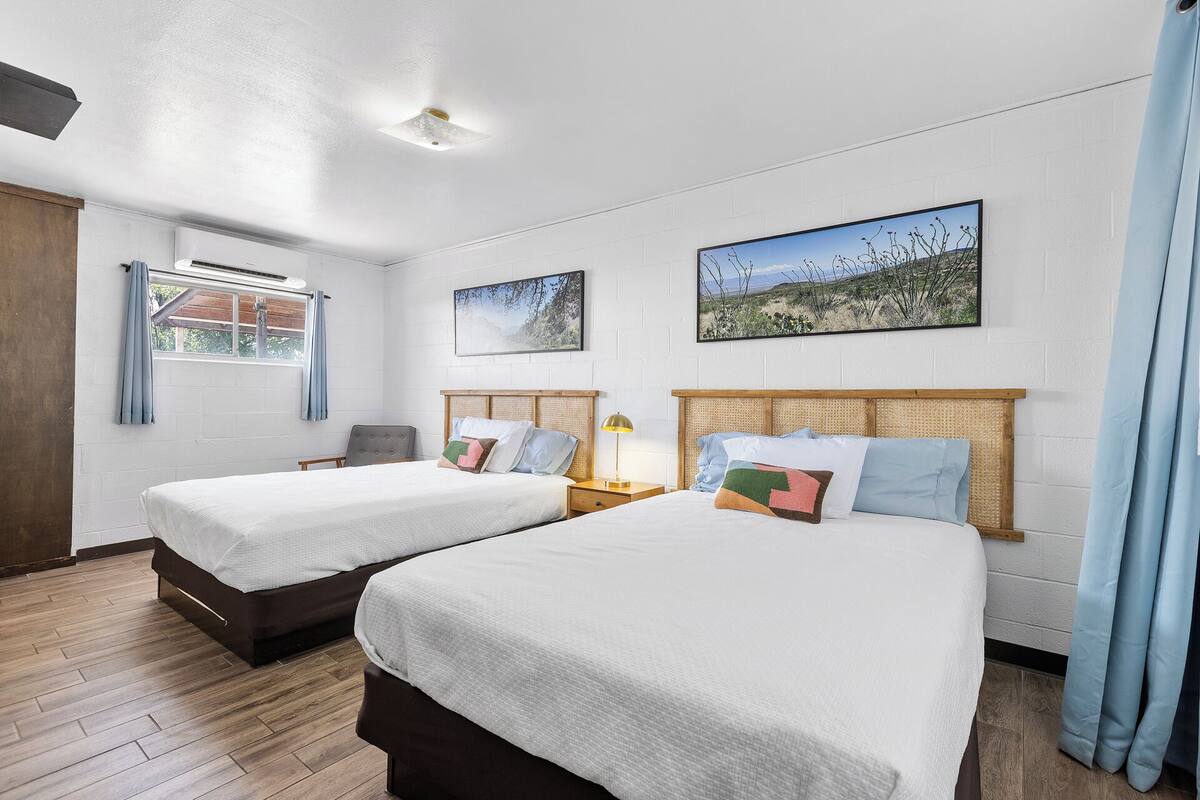 A room with two beds, a window with curtains, and two wall-mounted paintings.