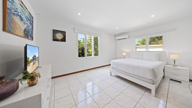 A modern bedroom with a large bed, a TV, and a window with a view of greenery.