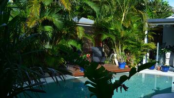 A pool surrounded by lush tropical plants, a wooden deck, and a building with a sloped roof.