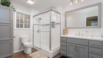 Combined shower/bathtub, hair dryer, towels, soap