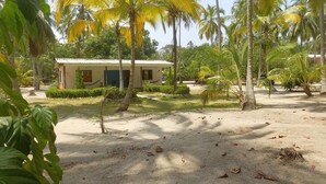 A small, single-story building with a tiled roof, surrounded by palm trees and a sandy ground. - Playa Mareygua (Santa Marta)