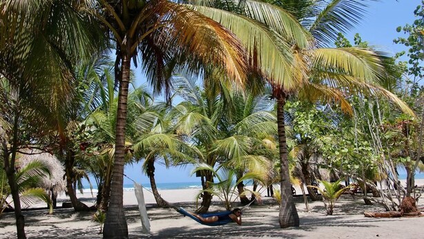A beach with palm trees and a hammock. - Playa Mareygua (Santa Marta)