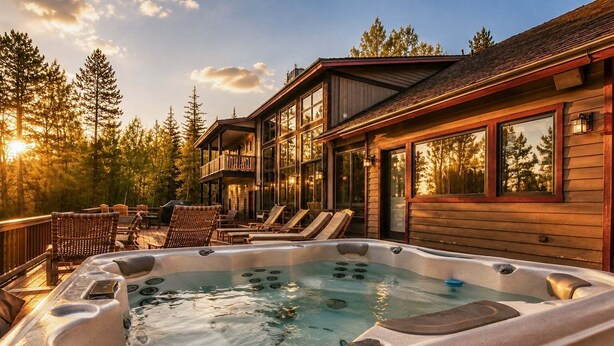 A hot tub with lounge chairs, a wooden deck, and a building with large windows. - RMR: Mallory House in The Aspens/Wilson,WY (Wilson)