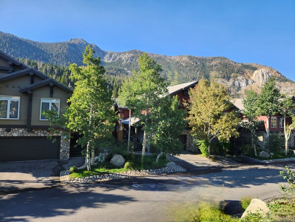 A residential area with houses, a driveway, and a mountain backdrop.
