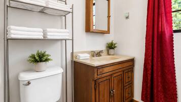 Combined shower/bathtub, hair dryer, towels