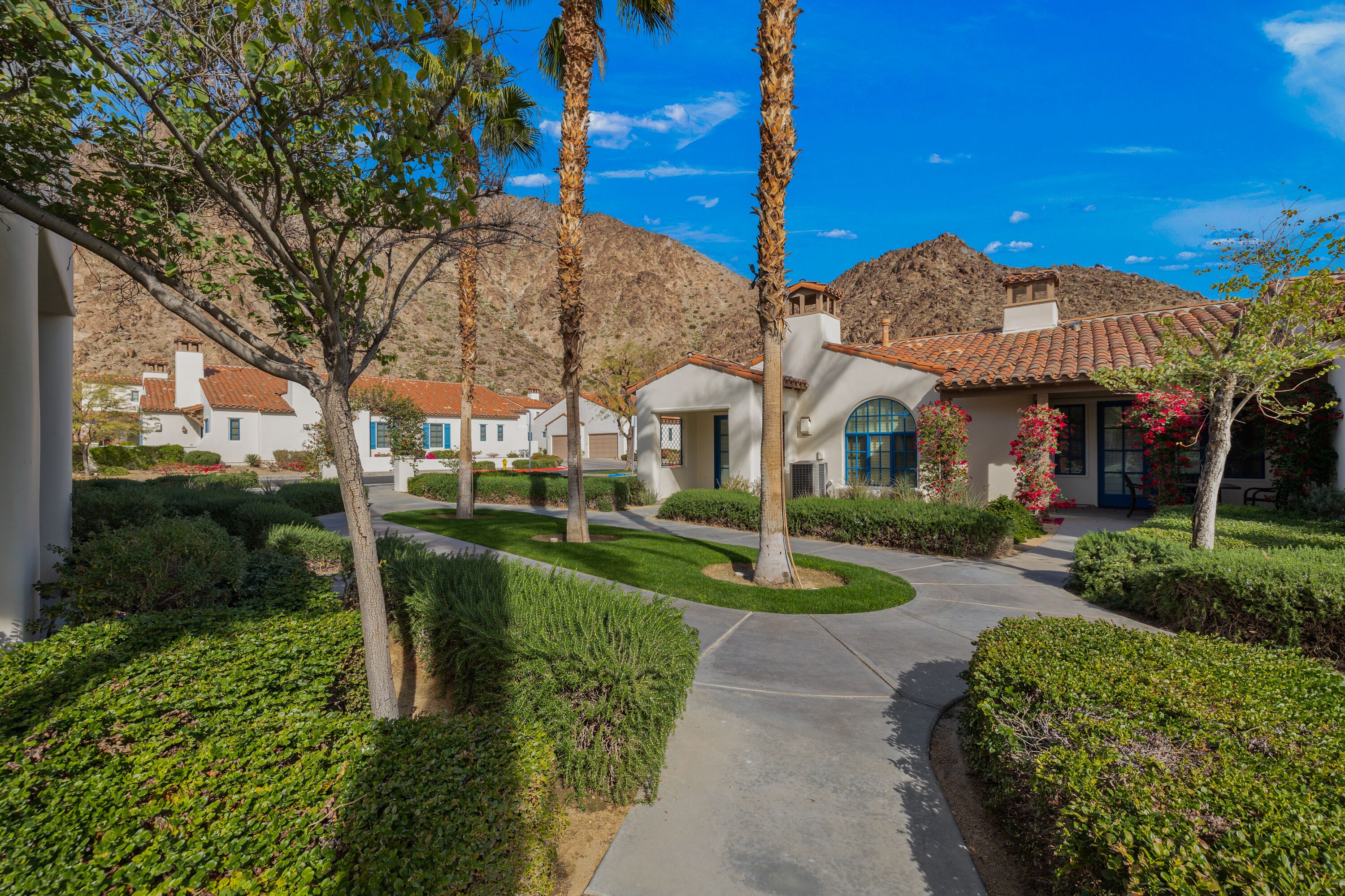 A residential area with a paved pathway, neatly trimmed hedges, and palm trees.