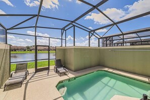 Outdoor pool, a heated pool, pool loungers