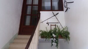 A staircase with a wooden handrail, a white wall, a window with frosted glass, and a hanging plant with green leaves and white flowers.
