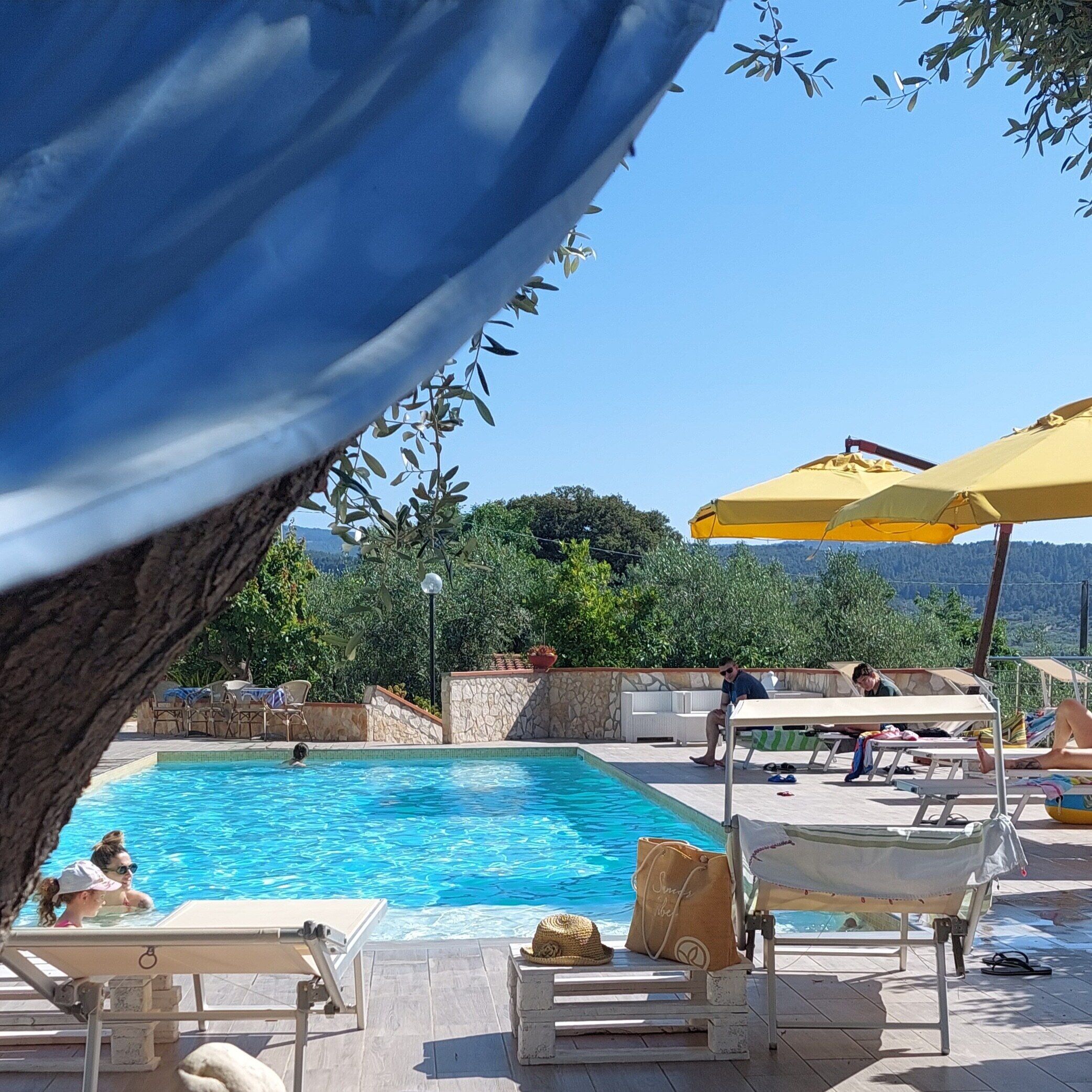 Ein Poolbereich mit Liegestühlen und Sonnenschirmen, umgeben von viel Grün und einer Steinmauer.