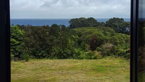 A view through a window of a grassy field, dense trees, and a distant ocean under a partly cloudy sky. - Traditional house restored in private and quiet environment near the sea (Terra Alta)