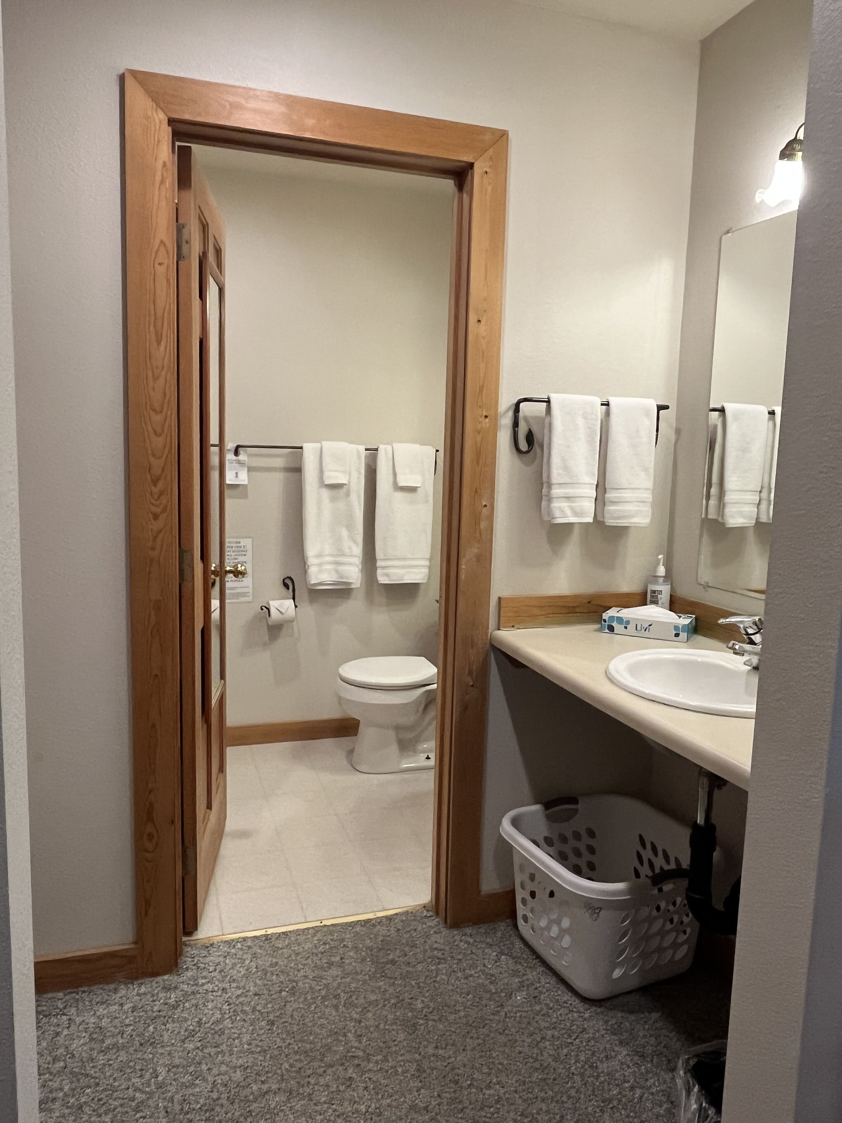Ein Badezimmer mit Holztür, Toilette, Waschbecken und Spiegel.