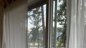 Una habitación con una mesa y sillas de madera, y un ventanal corredero que da a un espacio exterior con césped y árboles.