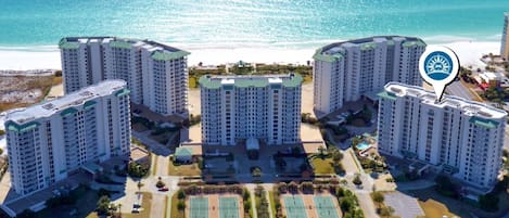 St. Lucia is the building located on the right of the resort towards the sports courts and Spa