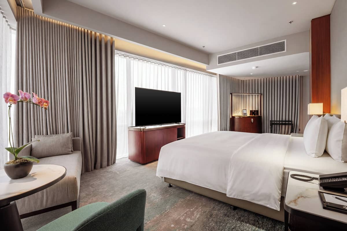 A modern hotel room with a large bed, a flat-screen TV, a seating area with a sofa and armchair, a small table with a potted plant, and a bedside table with a lamp and phone.