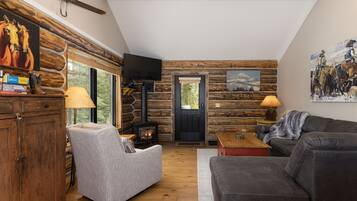 Smart TV, fireplace, books