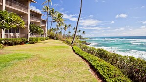 A beachfront hotel with multiple balconies, palm trees, and a view of the ocean. - H-G-T-V type Renovation, Million Dollar view starting at only $210/night! (Kapaa)