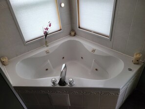 Shower, jetted tub, hair dryer, towels