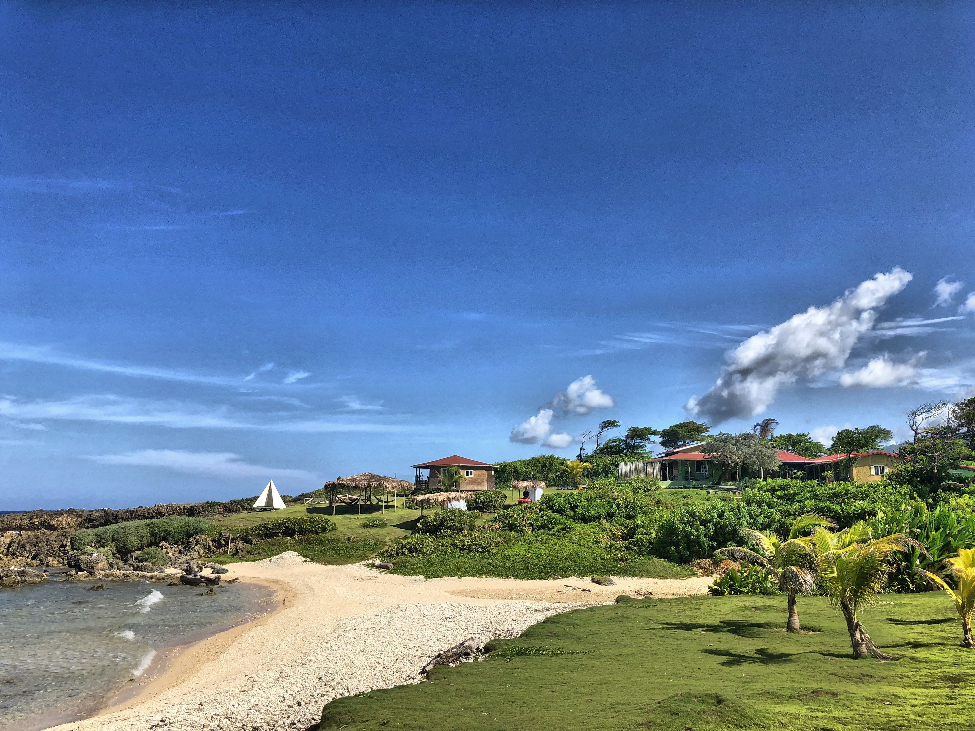 A beach with clear waters, a grassy area, and several houses with red roofs.