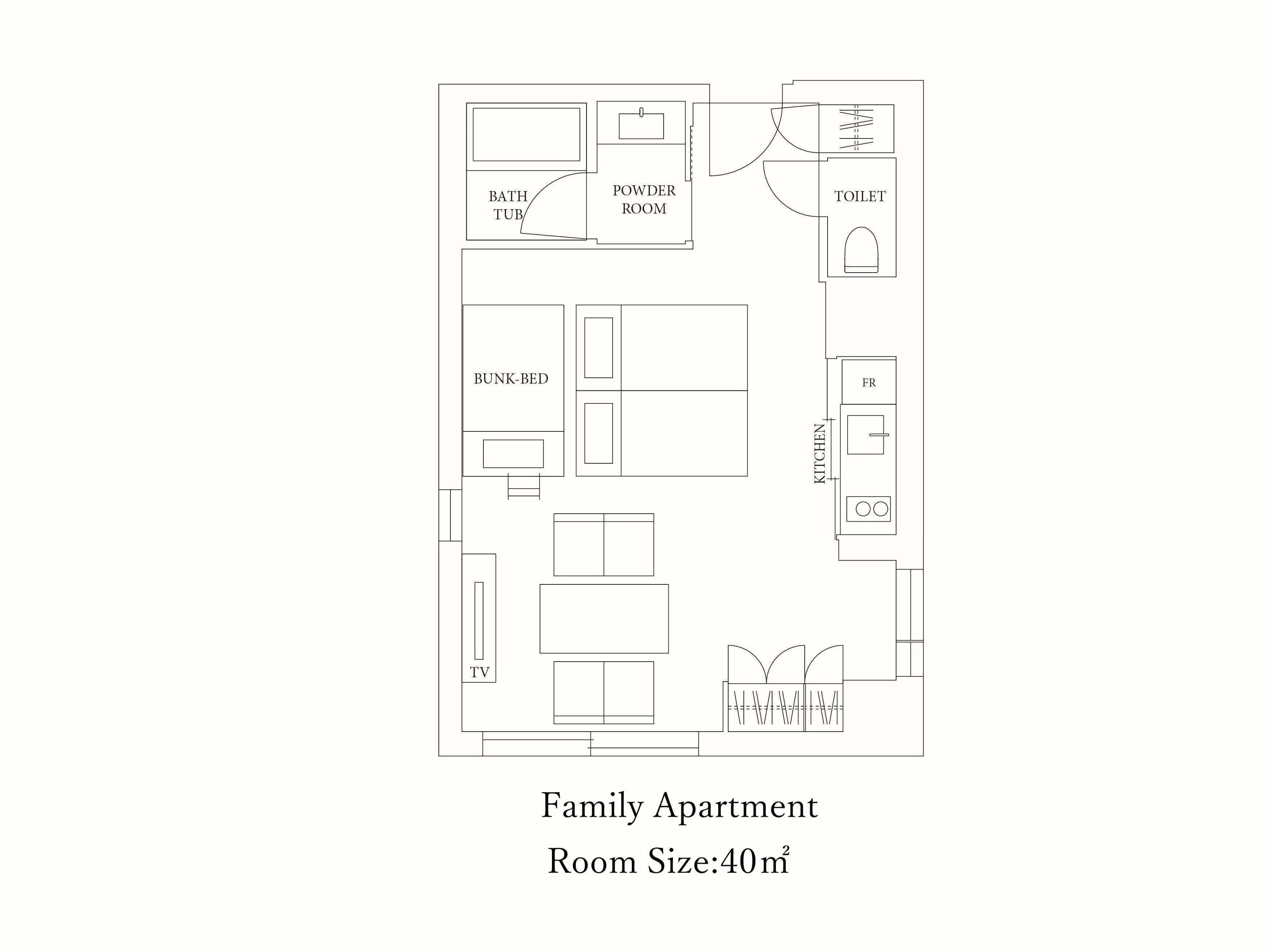 A family apartment layout with a powder room, toilet, kitchen, TV, and bunk-bed.