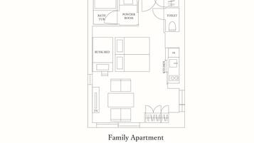 A family apartment layout with a powder room, toilet, kitchen, TV, and bunk-bed.