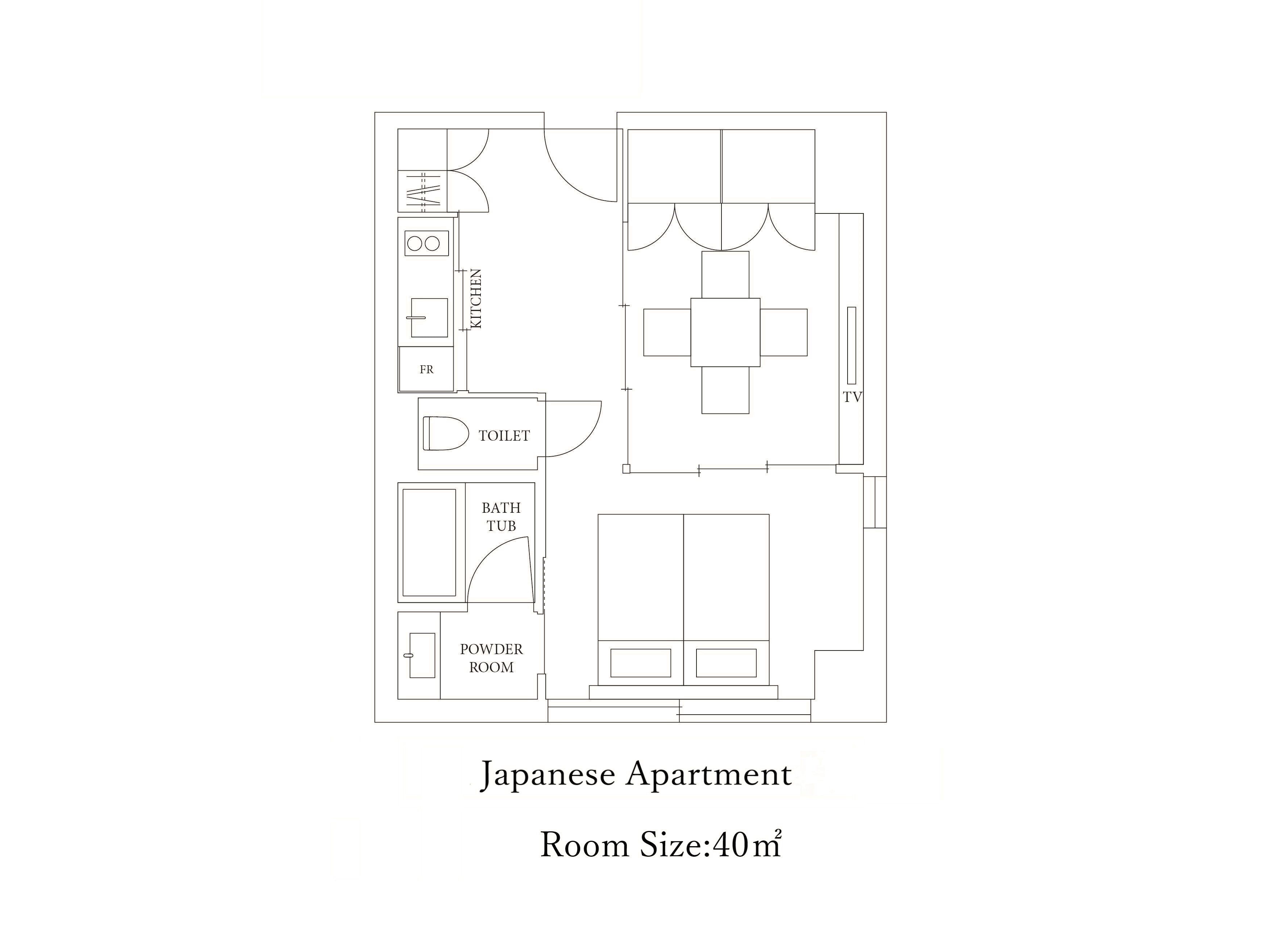 A Japanese apartment layout with a kitchen, toilet, powder room, and a TV. Room size is 40 m².