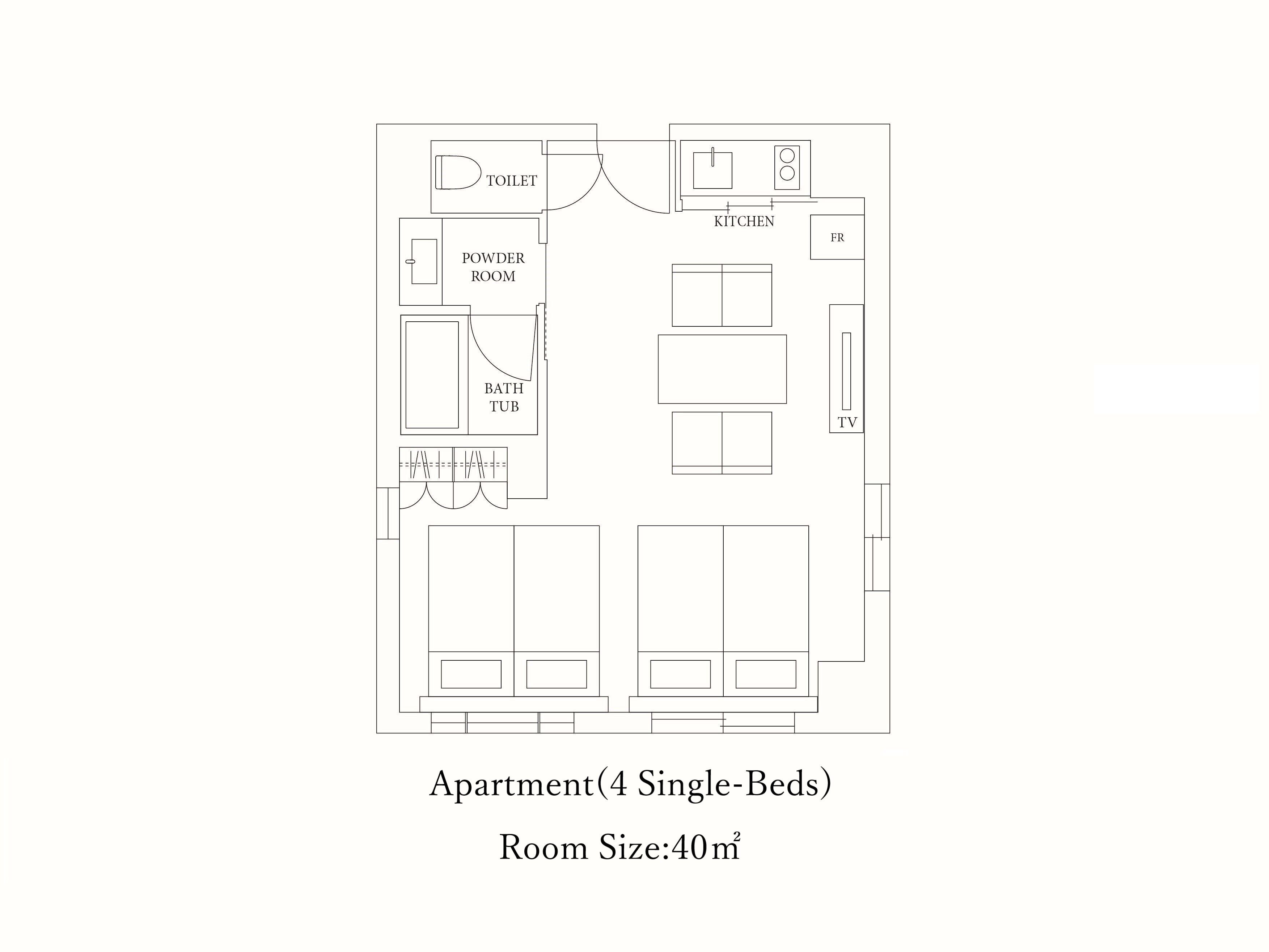 A 4 single-bed apartment layout with a powder room, kitchen, bathroom, and TV.