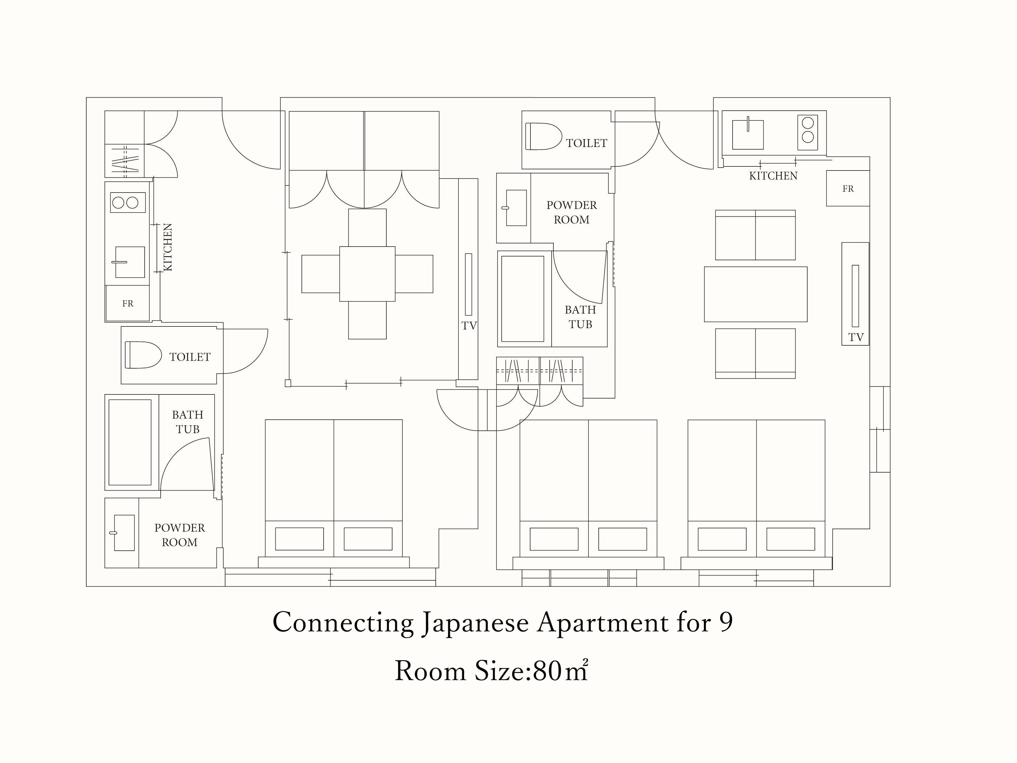 Plano de planta de un apartamento japonés con cocina, dos baños completos, un aseo y televisores en la sala de estar.