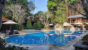 A swimming pool with lounge chairs and umbrellas, surrounded by trees and a building with a tiled roof. - Phuong Nam Resort (Ho Chi Minh City)