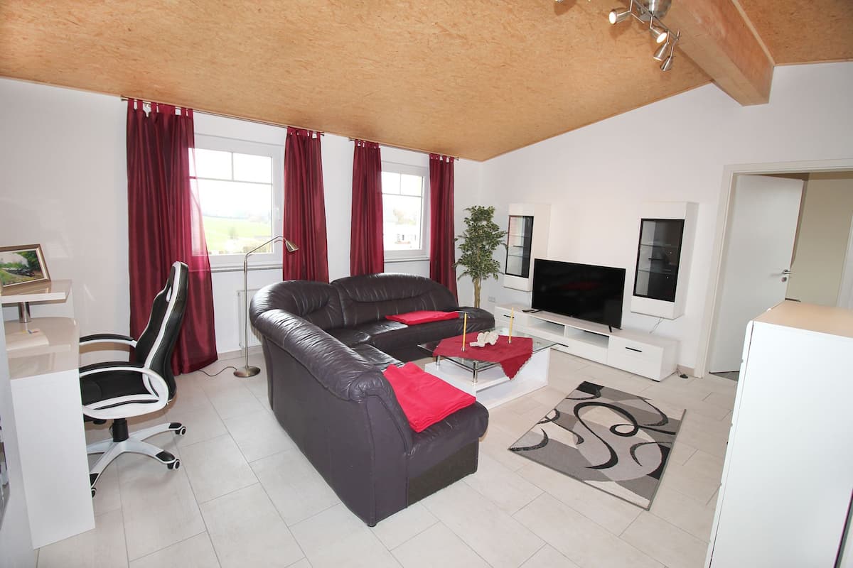 A modern living room with a black leather sofa, a white TV stand, and a red rug.