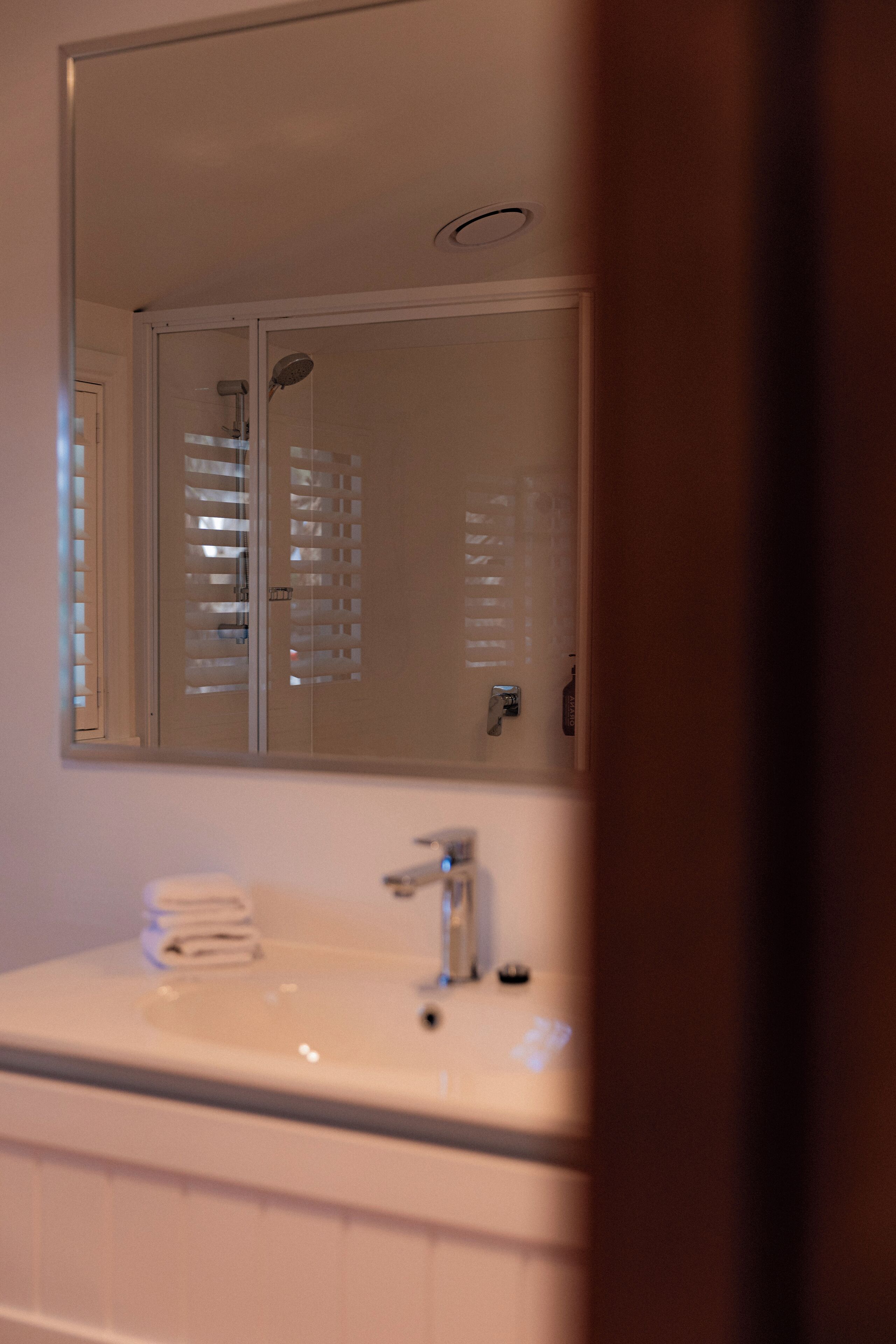 A bathroom with a mirror, a sink, and a shower.