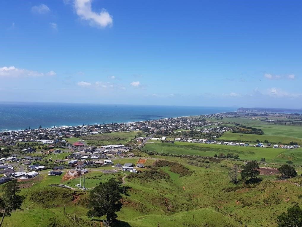 A coastal town with a mix of residential and commercial buildings, green fields, and a view of the sea.