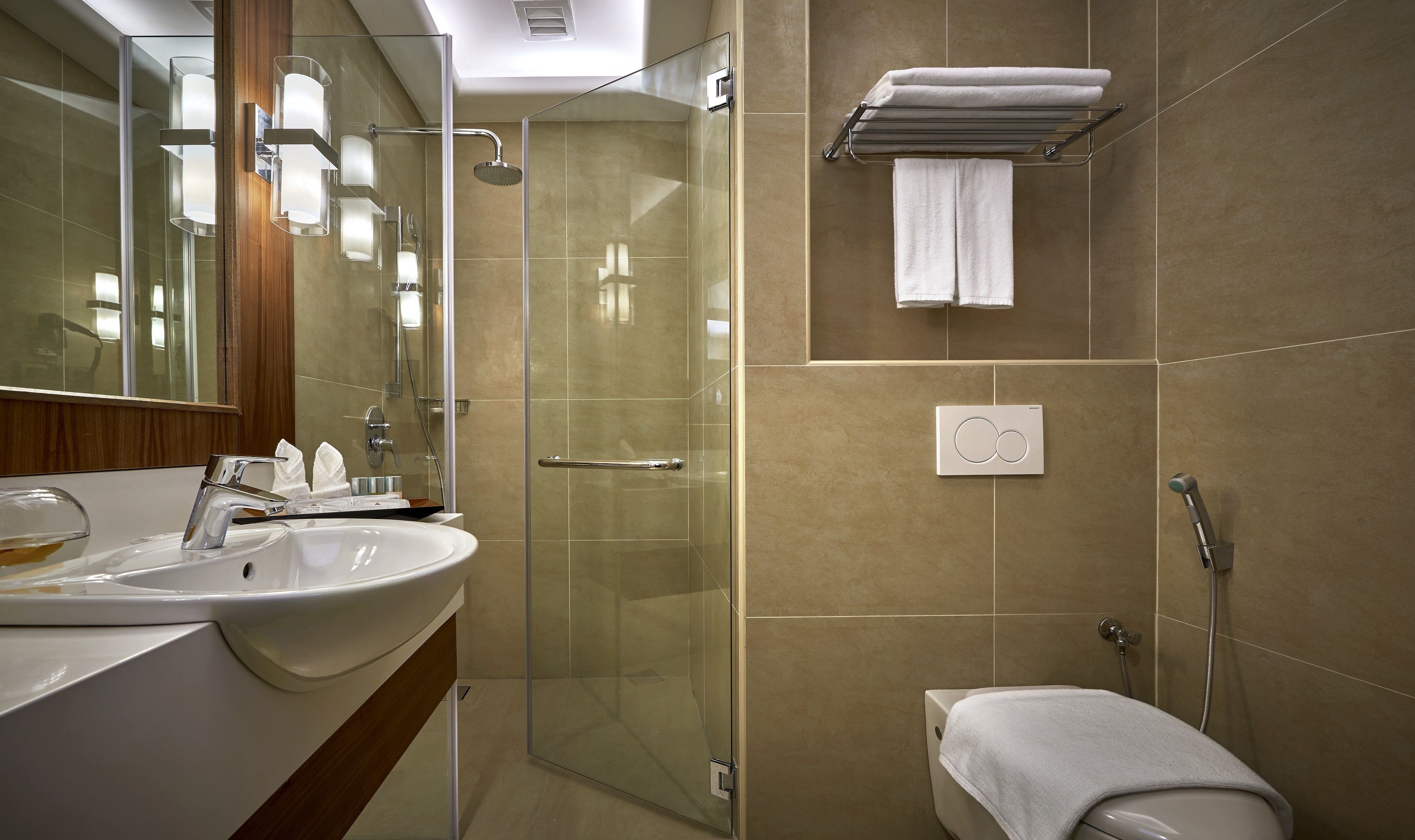 eco-friendly toiletries, hair dryer, bathrobes, slippers