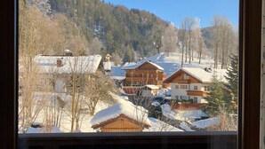 A view from a window of a building with a wooden interior, overlooking a snowy landscape with several houses and a forested hill. - Haus Dippold (Reit im Winkl)
