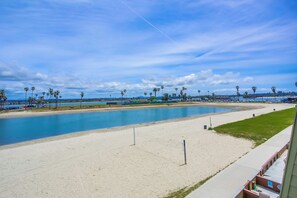 A beach view with a clear sky, palm trees, and a sandy shoreline.