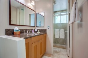 Shower, hair dryer, towels, soap