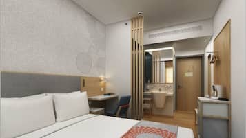 Una habitación de hotel moderna con una cama grande, un escritorio, una silla, un baño y vistas desde la ventana.
