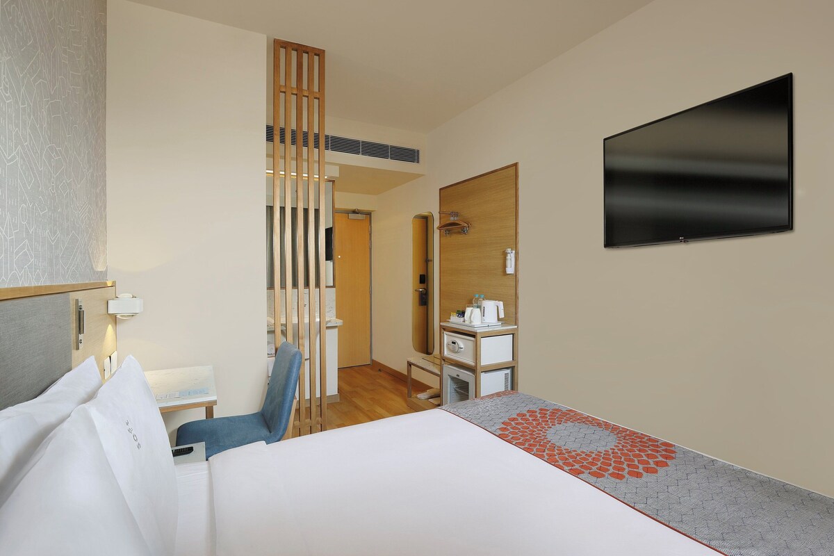 Habitación de hotel con cama, escritorio, silla, televisor y espejo.