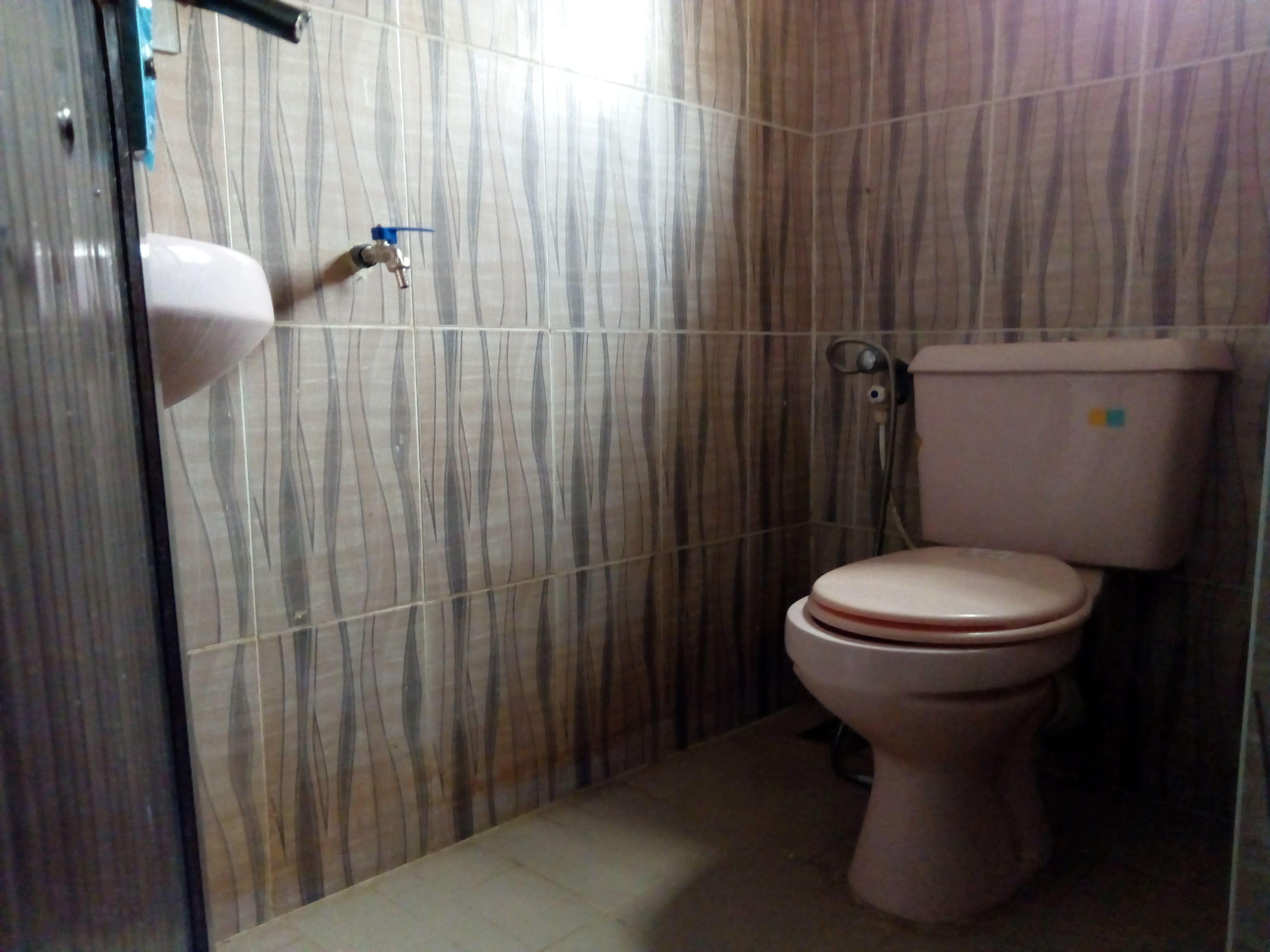 A bathroom with a toilet, sink, and shower.