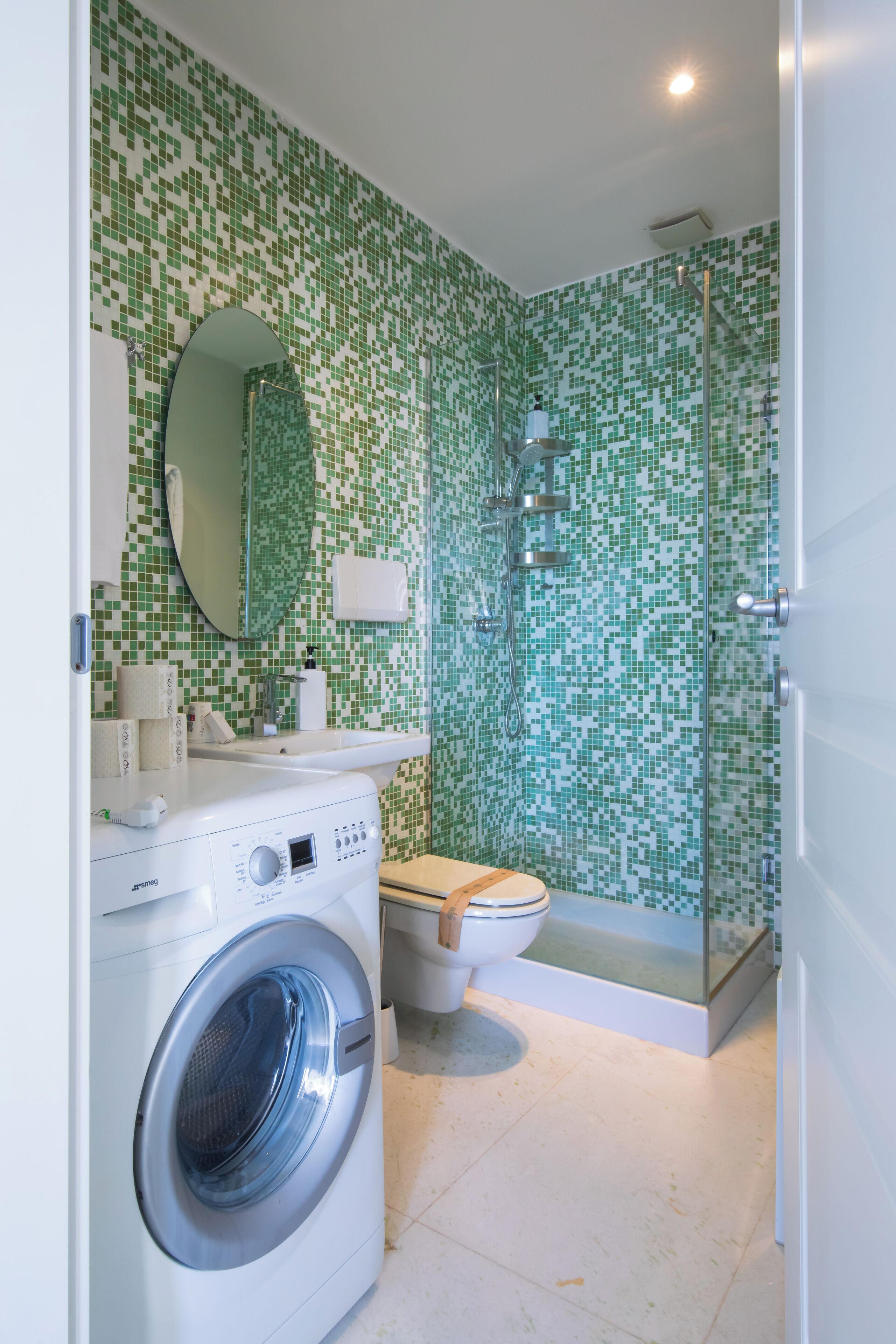Une salle de bain équipée d’un lave-linge, de toilettes et d’un espace douche.
