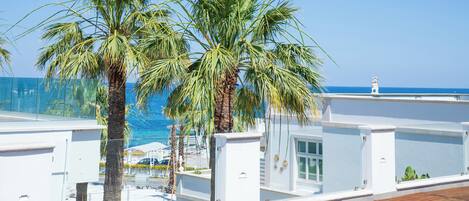 Una terraza en la azotea con palmeras, vista despejada al mar y un edificio blanco con balcón.
