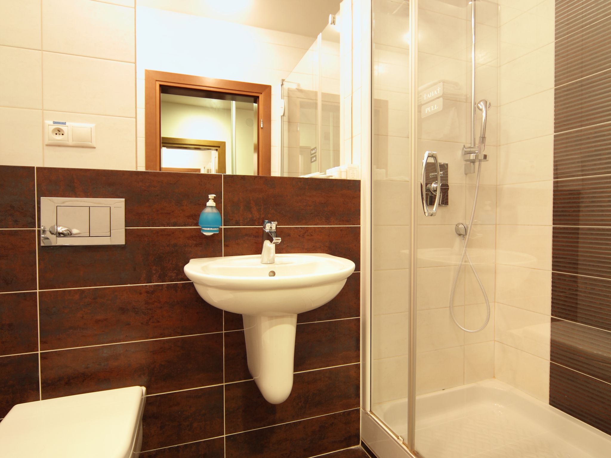 A bathroom with a sink, a mirror, a shower, and a toilet.
