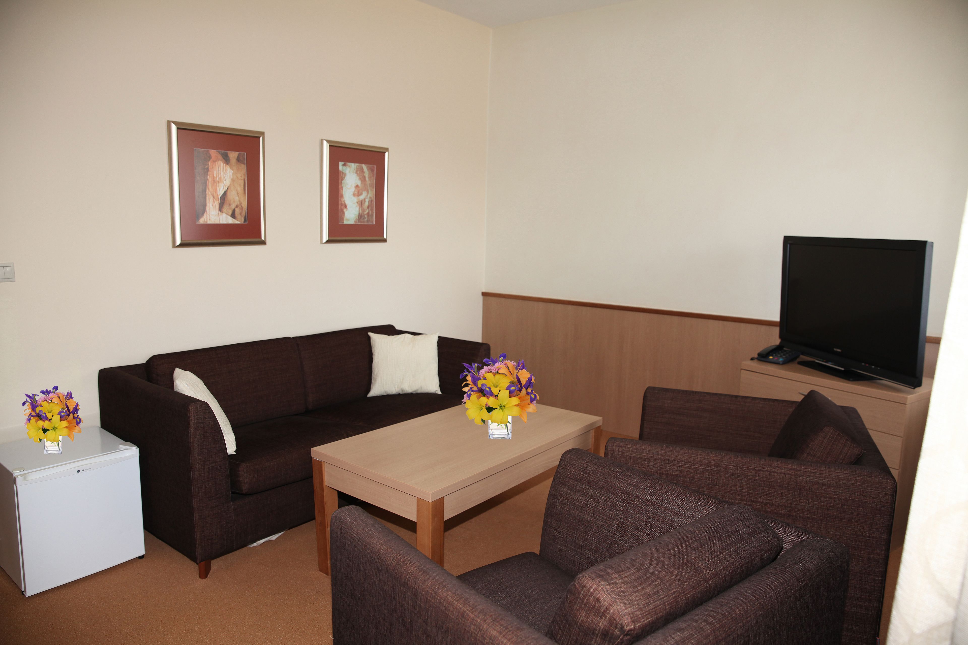 A living room with a brown sofa, a small table, two armchairs, a TV, and a refrigerator.